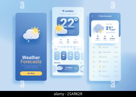 Kit interfaccia interfaccia utente per app mobile moderno e minimalista per le previsioni meteo. progettazione del vetro 3d... progettazione dell'app dell'interfaccia utente delle previsioni meteo 3d. Illustrazione Vettoriale