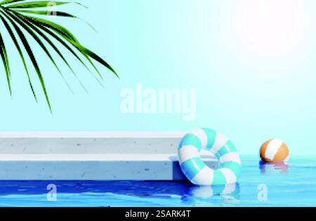progettazione di scenografie 3d per l'esposizione estiva dei prodotti. Scalinata in cemento con anello da nuoto e palla da spiaggia accanto all'acqua. Concetto di spiaggia dell'isola o piscina. scenografia in spiaggia 3d per l'esposizione dei prodotti Illustrazione Vettoriale