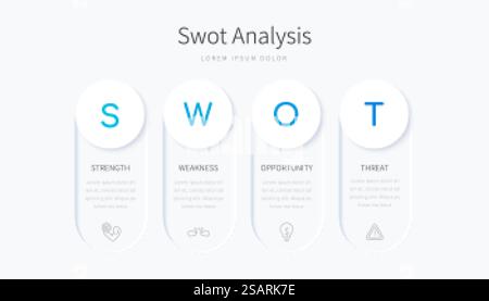 Progettazione infografica di analisi SWOT con quattro elementi rotondi di etichette, concetto di struttura di valutazione aziendale. Progettazione infografica dell'analisi SWOT Illustrazione Vettoriale