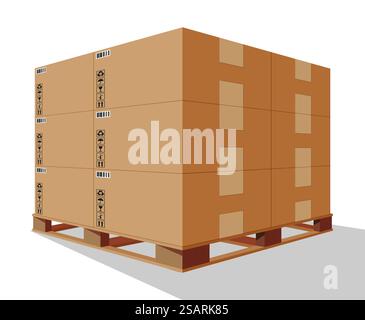 Scatole di cartone pile su pallet di legno isolati su bianco. Confezione di consegna in cartone chiusa, sigillata, cubica, grande e piccola scatola con cartelli fragili. Magazzino, consegna, logistica. Illustrazione del vettore piatto. Scatole di cartone pile su pallet in legno isolati Illustrazione Vettoriale