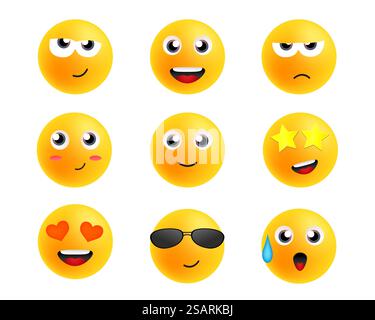 Carine emoticon dei cartoni animati. Icone sorrisi. Set di vettori emoji Illustrazione Vettoriale