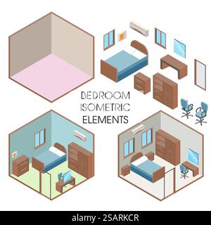 Struttura interna della camera da letto, illustrazione vettoriale piatta isolata su sfondo bianco. Camere isometriche vuote e con mobili moderni. Creatore di camere da letto. Costruttore interno camera da letto, illustrazione isometrica piatta vettoriale Illustrazione Vettoriale