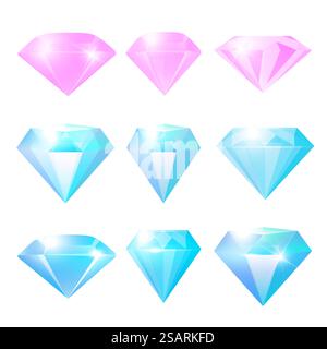 Diamanti isolati su sfondo bianco. Gioielli o Brilliants Collection. Pietre di vetro lucide 3d realistiche. Gemme per l'icona del gioco. Pietre preziose o cristalli per gioielleria. Illustrazione vettoriale EPS10 Illustrazione Vettoriale