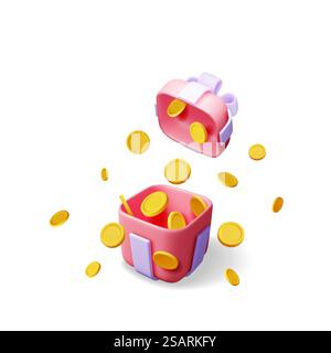Confezione regalo aperta 3D piena di monete d'oro isolate. Rendi denaro Giftbox e Golden Coins. Concetto di programma fedeltà, bonus casinò o giochi online. Premio in denaro. Illustrazione vettoriale. Confezione regalo aperta 3D piena di monete d'oro Illustrazione Vettoriale