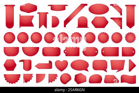 Set di etichette di vendita rosse. Tag vettoriale, timbro di sequenza, badge promozionale, adesivi nuovi modelli. Icone dei messaggi di chat, bollicine vocali, nuova collezione di mockup di cartelli dei prodotti. Nuove etichette di arrivo, etichette dei buoni di vendita Illustrazione Vettoriale