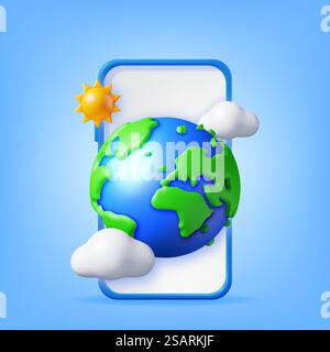Smartphone 3d con globo o o Terra, Sole e nuvole. Rendering del telefono cellulare e del pianeta Terra sullo schermo. Meteo, prenotazione, trasporto, viaggi. Cartografia e Geografia giornata della Terra. Illustrazione vettoriale. Smartphone 3d con globo o o Terra, Sole e nuvole Illustrazione Vettoriale
