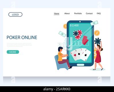 Modello di sito Web vettoriale online Poker, pagina Web e design di landing page per lo sviluppo di siti Web e siti mobili. Smartphone enorme e personaggi femminili che giocano a poker su Internet. Modello di progettazione della pagina di destinazione del sito Web vettoriale del poker online Illustrazione Vettoriale