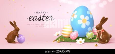 Striscione pasquale 3d con conigli di cioccolato e bellissime uova dipinte sull'erba. Concetto di caccia all'uovo di Pasqua o arte decorativa delle uova. Elegante banner Pasqua 3d. Illustrazione Vettoriale