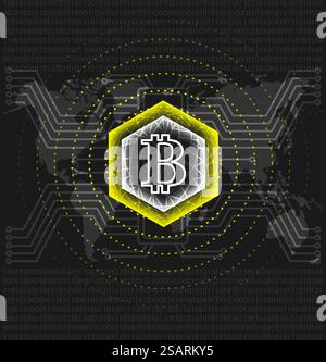 Vettore di estrazione delle monete Bitcoin. Tecnologia cripto - background futuristico. Illustrazione della crittografia di moneta elettronica. Modello banner Blockchain. Bitcoin moneta cripto moneta tecnologia futuristica vettore Illustrazione Vettoriale