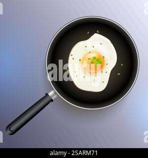 Immagine realistica del vettore di uova fritte isolata. Vista dall'alto dettagliata dell'uovo di pollo in 3d nella padella con prezzemolo e spezie. Fast food. Ora della colazione. Omelette cotte. Uova strapazzate. EPS10 vettoriale Illustrazione Vettoriale