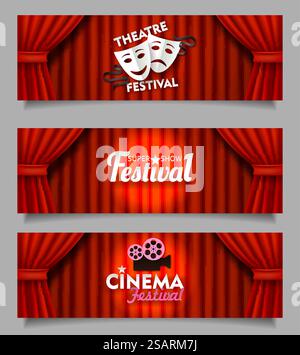 Set di template per banner orizzontali per festival cinematografici e teatrali. Illustrazione vettoriale di scene teatrali con tende rosse, maschere per tragedia teatrale e commedie, proiettore retrò e bobine di nastro. Set di template per banner orizzontali vettoriali per cinema e festival teatrali Illustrazione Vettoriale
