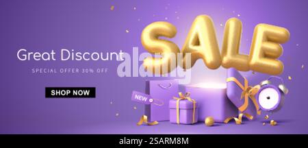 Design di banner a prezzi scontati con rendering 3d, frase di VENDITA dorata su sfondo viola con confezione regalo, shopping bag ed elementi della sveglia. Banner pubblicitario con sconti eccezionali Illustrazione Vettoriale