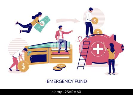 Fondo di emergenza, illustrazione piatta vettoriale. Piccole persone che mettono soldi in un enorme salvadanaio. Riserva di emergenza di contanti per coprire le spese mediche impreviste, riparazione domestica, riparazione auto, perdita di lavoro ecc... Fondo di emergenza, disegno vettoriale piatto Illustrazione Vettoriale