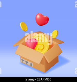Scatola di cartone 3D con monete e cuori d'oro all'interno. Pacchetto Open Carton con denaro contante. Donare denaro, beneficenza, risparmiare denaro. Carico, consegna e trasporto. Illustrazione vettoriale. Scatola di cartone 3D con monete e cuori d'oro Illustrazione Vettoriale
