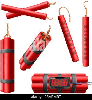 Realistici bastoncini dinamitici, esplosiva bomba rossa 3d con timer di esplosione. Arma militare Dynamite, esplosivo bastoni rossi set di illustrazioni vettoriali. Dynamite attacca la detonazione Power Bang. Realistici bastoncini dinamitici, esplosiva bomba rossa 3d con timer di esplosione. Arma militare Dynamite, esplosivo bastoni rossi set di illustrazioni vettoriali. Bastoncini Dynamite Illustrazione Vettoriale