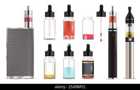 Set di icone di fumosità alternative vape e bottiglia e-liquid, illustrazione vettoriale isolata su sfondo bianco. Dispositivi elettronici per fumatori. Vaper, vaporizzare sigarette e liquidi... Set di icone per flaconi di liquido e vaporizzatore, illustrazione con isolamento vettoriale Illustrazione Vettoriale