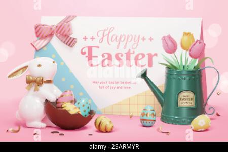 Simpatico banner di saluto pasquale cartoni animati. composizione 3d di biglietti d'auguri grandi, tulipani in vaschetta da irrigazione e graziosa decorazione di conigli in porcellana. Modello di saluto 3d per le festività pasquali Illustrazione Vettoriale