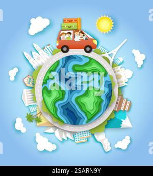 Viaggi in auto nel mondo, illustrazione vettoriale in stile cartaceo. Famiglia felice con due bambini che viaggiano in auto, luoghi di interesse famosi in tutto il mondo. Viaggio in famiglia, tour in tutto il mondo, vacanze estive. Viaggi in auto nel mondo, illustrazione vettoriale in stile cartaceo Illustrazione Vettoriale
