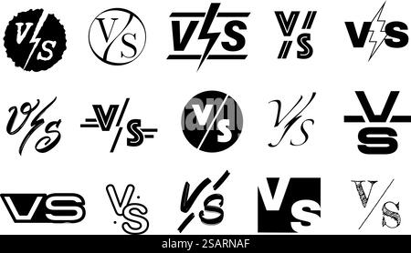 Icone VS. Confronto tra tag, segno duello e set di clipart vettoriali di modelli di battaglia. Competizioni sportive come boxe e wrestling Confrontation firmare, sfida di combattimento per gioco. Icone VS. Confronto tra tag, segno duello e set di clipart vettoriali di modelli di battaglia Illustrazione Vettoriale