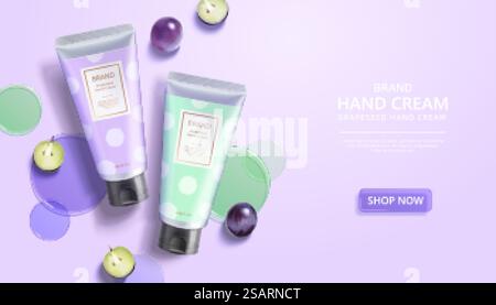 Annuncio di prodotti di bellezza, progettato con dischi circolari, uva e tubi realistici. Modello di annuncio per prodotti di bellezza Illustrazione Vettoriale