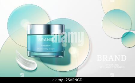Annuncio di prodotti cosmetici con dischi circolari trasparenti, concetto di crema per il viso leggera e idratante, illustrazione 3d. Modello annuncio prodotto per la cura della pelle Illustrazione Vettoriale