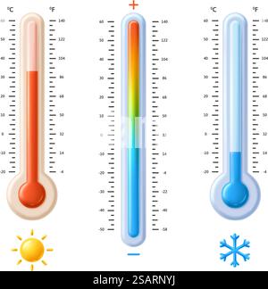 Termometri Fahrenheit e celsius. Scala dello spettro di temperatura con icone del sole caldo e del fiocco di neve freddo, serie di illustrazioni vettoriali 3D di misurazione meteorologica di fahrenheit e celsius. Termometri Fahrenheit e celsius. Scala dello spettro di temperatura con icone di sole caldo e fiocchi di neve freddi, set di illustrazioni vettoriali 3D piatte per misurazioni meteorologiche Illustrazione Vettoriale