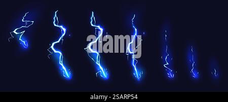 Animazione dei fulmini dei cartoni animati. Cornici animate di colpo elettrico, colpo elettrico magico e set di illustrazioni vettoriali con effetto thunderbolt. Raccolta di risorse di gioco di tempesta blu brillante. Animazione dei fulmini dei cartoni animati. Cornici animate di colpo elettrico, colpo elettrico magico e set di illustrazioni vettoriali con effetto thunderbolt Illustrazione Vettoriale