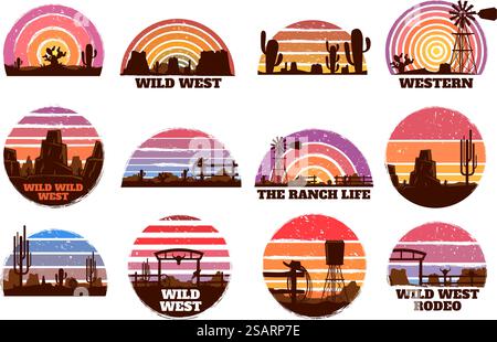 Tramonto rétro selvaggio West. Silhouette WESTERN del ranch, paesaggio naturale del Texas mattutino e deserto con set di illustrazioni vettoriali di cactuses. Paesaggio del deserto occidentale in estate. Tramonto rétro selvaggio West. Silhouette WESTERN del ranch, paesaggio naturale del Texas mattutino e deserto con set di illustrazioni vettoriali di cactuses Illustrazione Vettoriale