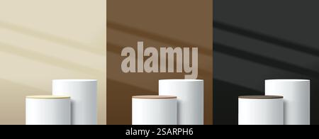 Set di camere 3D astratte con stativo cilindrico realistico o podio. beige, marrone, nero, forme geometriche vettoriali con sovrapposizione ombreggiatura finestra. Mockup di scene minimali, vetrina per palcoscenici, display promozionale. Illustrazione Vettoriale