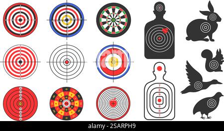 Raggio di tiro target. Obiettivi umani e animali sagomano con marcature di posizionamento per sparare proiettili e set di vettori per anelli. Scopo militare o di caccia per l'addestramento in forma di persona, coniglio, oca. Raggio di tiro target. Obiettivi umani e animali sagomano con marcature di posizionamento per sparare proiettili e set di vettori per anelli Illustrazione Vettoriale