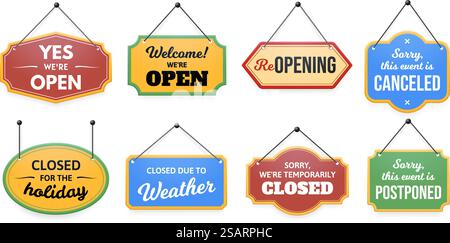 Cartello della porta appeso. Siamo spiacenti, l'etichetta dell'evento è stata cancellata o posticipata, chiusa per ferie o temporaneamente, l'accoglienza è stata aperta e chiusa a causa del vettore meteorologico impostato. Insegne esterne diverse. Cartello della porta appeso. Siamo spiacenti, l'etichetta dell'evento è stata cancellata o posticipata, chiusa per ferie o temporaneamente, l'accoglienza è stata aperta e chiusa a causa del vettore meteorologico impostato Illustrazione Vettoriale
