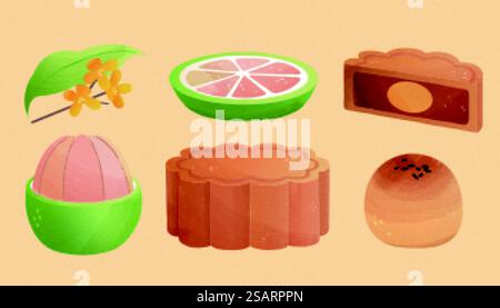 Elementi tradizionali di metà autunno isolati su sfondo beige, tra cui pomelo, osmanthus fioritura e torte di luna. Design disegnato a mano. Elementi disegnati a mano a metà autunno Illustrazione Vettoriale