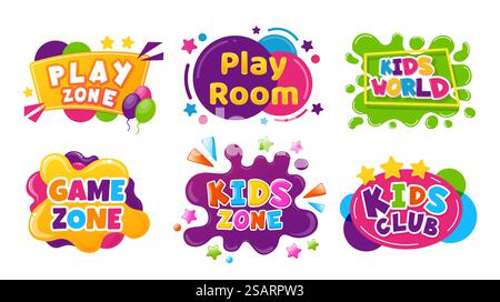 Badge di intrattenimento per bambini. I banner colorati dei cartoni animati con palloncini, schizzi e parti per la sala giochi o la zona giochi. Miniclub o elementi luminosi isolati sul bianco. Set vettoriale per bambini Illustrazione Vettoriale