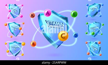 Scudo vitaminico. Complesso multi-vitaminico per la protezione della salute, etichetta per le vitamine A, B, C, D, e e set di illustrazioni vettoriali K. Marketing di integratori alimentari e prodotti antivirus chimici. Scudo vitaminico. Complesso multi-vitaminico per la protezione della salute, etichetta per le vitamine A, B, C, D, e e set di illustrazioni vettoriali K. Illustrazione Vettoriale