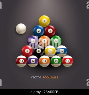 Biliardo, palline da biliardo con collezione di numeri in posizione di partenza triangolare. Palla da snooker lucida realistica su sfondo nero. Illustrazione vettoriale Illustrazione Vettoriale