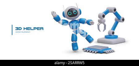 robot realistico 3d. Mano meccanica. Manipolatore robot industriale. Poster con supporto 3D. Tecnologia industriale moderna. Illustrazione vettoriale in stile cartone animato in colori blu. robot realistico 3d. Mano meccanica. Manipolatore robot industriale. Poster con supporto 3d. Illustrazione Vettoriale