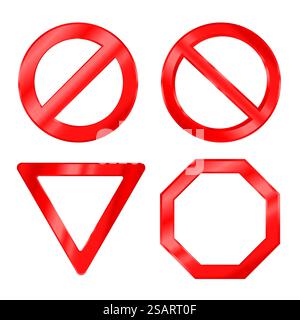Raccolta di segnali di avvertimento rossi isolati su sfondo bianco. Segnaletica stradale moderna lucida con pendenza. Set di insegne proibite e proibite di forma diversa. Illustrazione vettoriale EPS10 Illustrazione Vettoriale
