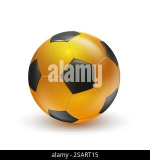 Pallone da calcio dorato su sfondo bianco. Palla da calcio d'oro vettoriale. illustrazione 3d. Illustrazione Vettoriale