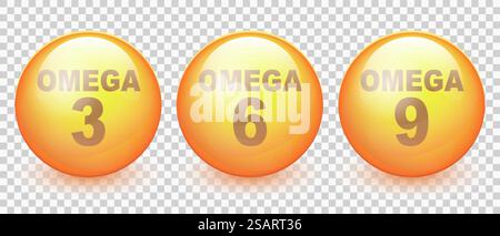 Acidi omega vettoriali realistici isolati su sfondo trasparente. Integratori alimentari sani acidi grassi epa dha 3, 6 e 9 vitamine organiche nutrienti olio di pesce. Illustrazione vettoriale Omega 3d EPS10 Illustrazione Vettoriale