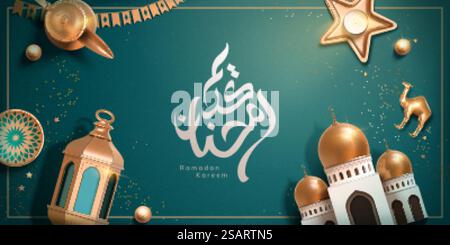 Striscione per festività islamiche 3d, adatto per Ramadan, Raya Hari, Eid al Adha. Vista dall'alto di giocattoli carini, tra cui caffettiera, moschea e lanterna in metallo. Striscione islamico 3d. Illustrazione Vettoriale