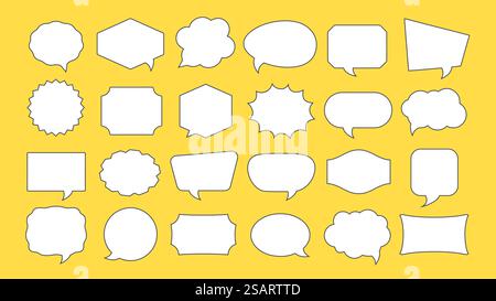 Forme geometriche bianche astratte con bordo nero. Set di modelli di cornice vuoti, bolle vocali, badge, tag di prezzo, adesivi, pensa al cloud Illustrazione Vettoriale