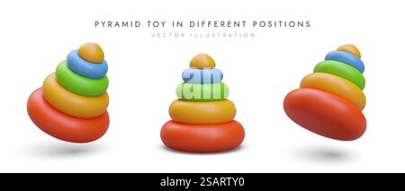 Gioco a piramide realistico in diverse posizioni. Poster pubblicitario con giocattoli colorati per il negozio di giocattoli. Illustrazione vettoriale nei colori rosso, verde e giallo in stile 3D. Gioco a piramide realistico in diverse posizioni. Poster pubblicitario con giocattoli colorati per il negozio di giocattoli Illustrazione Vettoriale