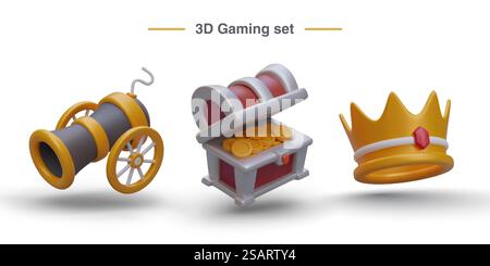 poster 3d con realistico scrigno con oro, cannone militare nei colori giallo e nero e corona con diamante. Concetto di gioco per computer. Illustrazione vettoriale in stile 3D. poster 3d con realistico scrigno con oro, cannone militare e corona Illustrazione Vettoriale