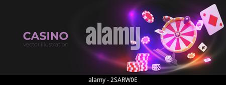 Carte da gioco, ruota della fortuna, cubi di gioco e gettoni rossi. Elegante poster moderno per il sito web del casinò online nei colori nero, rosso e viola. Illustrazione vettoriale in stile 3D con posizione per il testo. Carte da gioco, ruota della fortuna, cubi di gioco e gettoni rossi Illustrazione Vettoriale
