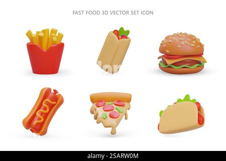 Set di icone 3D fast food. Immagini realistiche di patatine fritte, shawarma, hamburger, hot dog, pizza, taco. Illustrazione vettoriale isolata colorata. Immagini per sito, applicazione, design di giochi. Set di icone 3D fast food. Immagini di patatine fritte, shawarma, hamburger, hot dog, pizza, taco Illustrazione Vettoriale