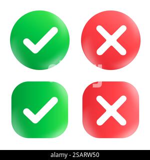 Segni di spunta e croce. Segno di spunta verde OK e icone X rosse isolate su sfondo bianco. Design grafico semplice. Simboli SÌ e NESSUN pulsante per il voto, la decisione, il web. Illustrazione vettoriale Illustrazione Vettoriale