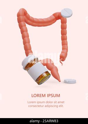 Medicinali per il colon. Pillole gonfiabili. Concetto vettoriale con illustrazione 3D e testo. Poster verticale a colori per i social network. Intestino crasso con appendice. Medicinali per il colon. Pillole gonfiabili. Concetto vettoriale con illustrazione 3D e testo Illustrazione Vettoriale