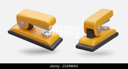 Cucitrice gialla realistica. Dispositivo per la rilegatura della carta. Cancelleria. Associazione, fissazione. Icone per il negozio di articoli di cancelleria. Illustrazioni dettagliate per sito, gioco, applicazione. Cucitrice gialla realistica. Dispositivo per la rilegatura della carta. Cancelleria Illustrazione Vettoriale