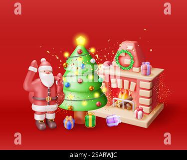 Camino di Capodanno in mattoni rossi 3D e Babbo Natale. Rendi il caminetto decorato con il Natale con calze, albero, regali. Felice anno nuovo. Vacanze di Natale. Capodanno e festeggiamenti di Natale. Illustrazione vettoriale. Camino di Capodanno in mattoni rossi 3D e Babbo Natale. Illustrazione Vettoriale
