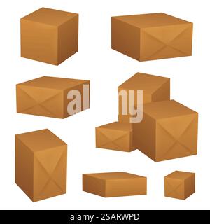Set di scatole di cartone marrone. Pacchetti di consegna chiusi. Illustrazione vettoriale EPS10 Illustrazione Vettoriale